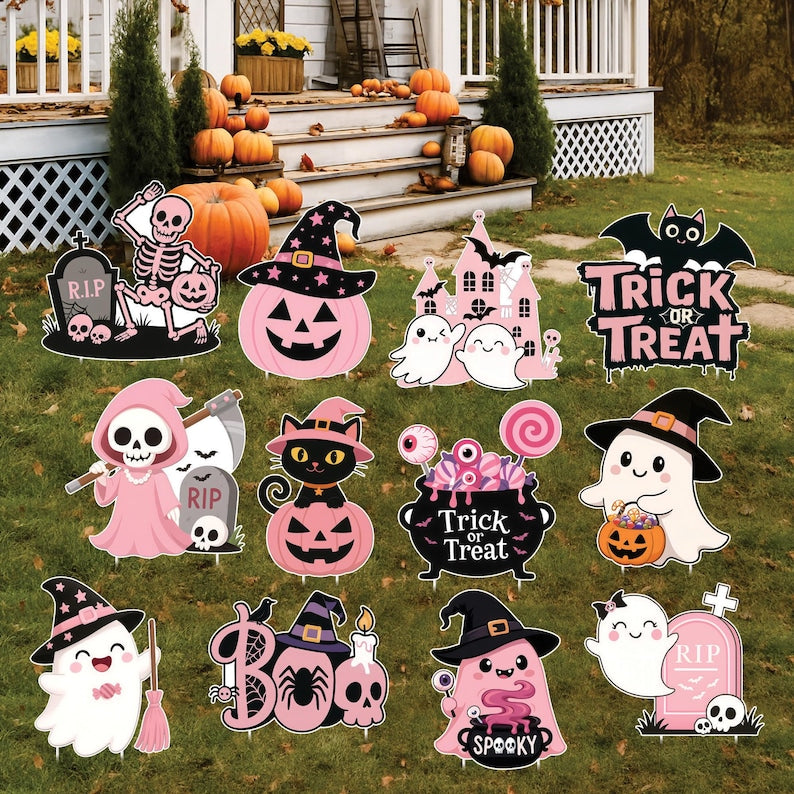Pink Halloween Yard Signs, Cute Baby Shower Decorations with Pumpkin Cat Ghost Witch, Outdoor Boo Party Garden Stakes for Lawn, Patio Décor