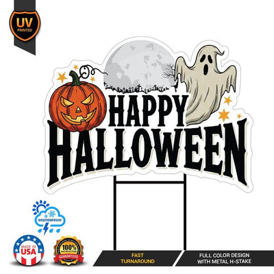 Large Happy Halloween Yard Sign, Full Moon and Bats Lawn Decoration, Spooky Outdoor Home Decor, Scary Halloween Sign with Metal H-Stake