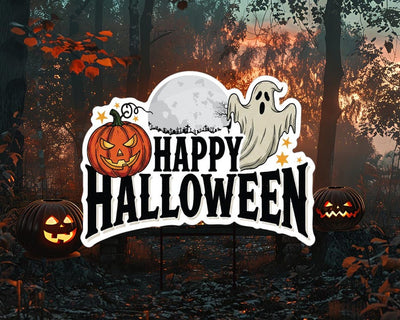 Large Happy Halloween Yard Sign, Full Moon and Bats Lawn Decoration, Spooky Outdoor Home Decor, Scary Halloween Sign with Metal H-Stake