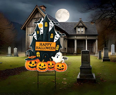 Haunted House Halloween Yard Sign, Pumpkin Ghost Bat Lawn Decoration, Spooky Outdoor Garden Sign for Party or Trick-or-Treat, Metal H-Stake