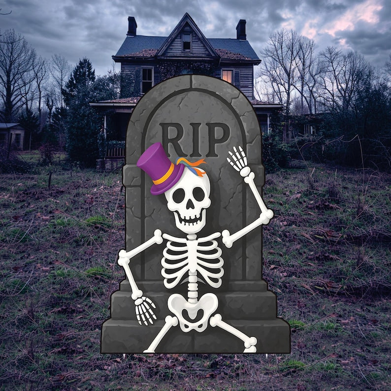 RIP Tombstone Skeleton Halloween Yard Sign with Stakes, Funny Graveyard Outdoor Decoration, Spooky Lawn Sign for Party, Garden, or Walkway