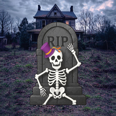 RIP Tombstone Skeleton Halloween Yard Sign with Stakes, Funny Graveyard Outdoor Decoration, Spooky Lawn Sign for Party, Garden, or Walkway