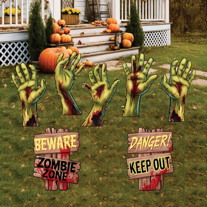 Zombie Yard Signs with Hands and Warning Signs, Spooky Halloween Lawn Decorations with Stakes, Outdoor Trick-or-Treat Party Yard Props