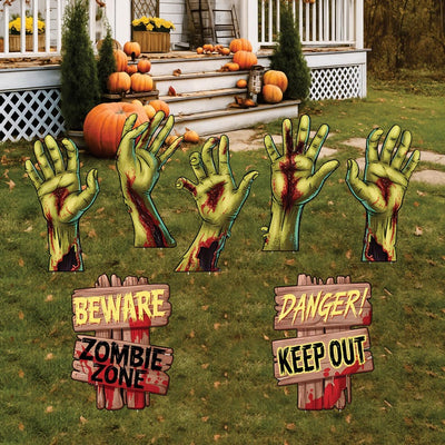 Zombie Yard Signs with Hands and Warning Signs, Spooky Halloween Lawn Decorations with Stakes, Outdoor Trick-or-Treat Party Yard Props