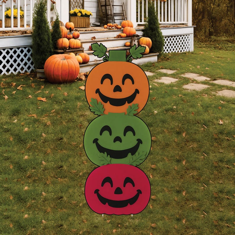 Stacked Pumpkin Halloween Yard Sign with Stakes, Funny Face Outdoor Lawn Decoration, Maple Leaf Fall Yard Ornament for Garden or Pathway