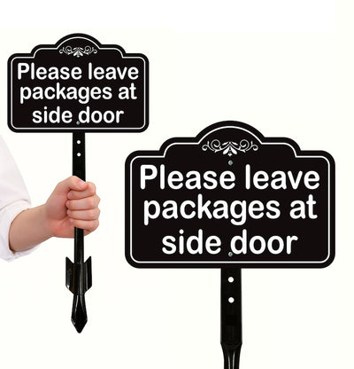 Please Leave Packages at Side Door Yard Sign with 16" Stake, Rust-Free Aluminum Delivery Instruction Sign, Outdoor Parcel Drop Off Lawn Sign