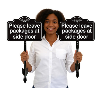 2 Pack Please Leave Packages at Side Door Yard Sign with 16" Stake, Aluminum Delivery Instruction Sign, Outdoor Parcel Drop Off Lawn Sign