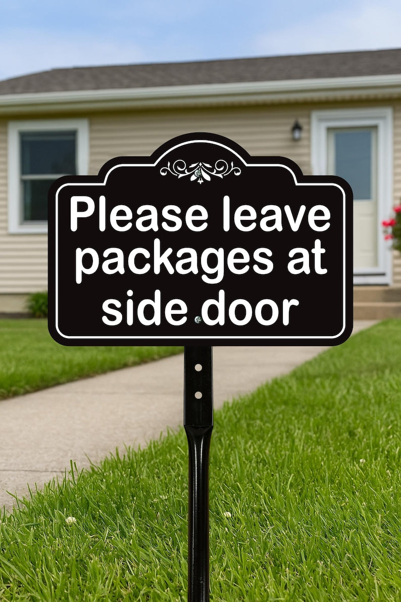 3 Pack Please Leave Packages at Side Door Yard Sign with 16" Stake, Aluminum Delivery Instruction Sign, Outdoor Parcel Drop Off Lawn Sign