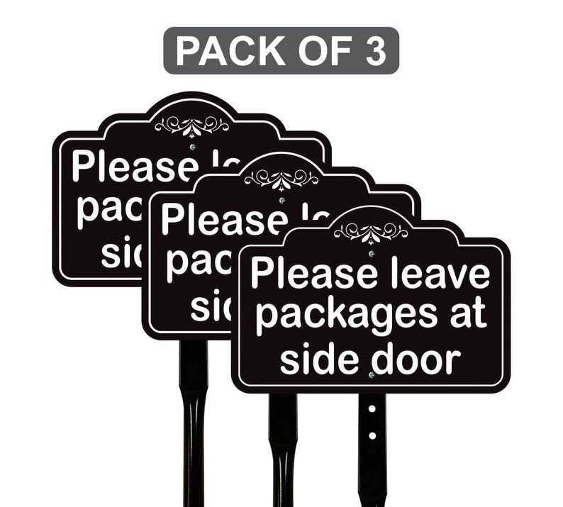 3 Pack Please Leave Packages at Side Door Yard Sign with 16" Stake, Aluminum Delivery Instruction Sign, Outdoor Parcel Drop Off Lawn Sign