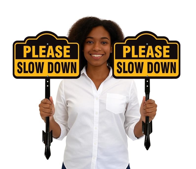 2 Pack Please Slow Down Yard Sign with 16" Stake, Rust-Free Aluminum Drive Safely Sign, Outdoor Traffic Warning Sign for Neighborhoods, Yard