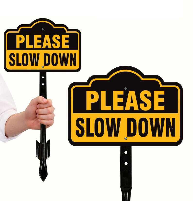 2 Pack Please Slow Down Yard Sign with 16" Stake, Rust-Free Aluminum Drive Safely Sign, Outdoor Traffic Warning Sign for Neighborhoods, Yard