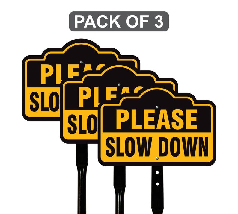 3 Pack Please Slow Down Yard Sign with 16" Stake, Rust-Free Aluminum Drive Safely Sign, Outdoor Traffic Warning Sign for Neighborhoods, Yard
