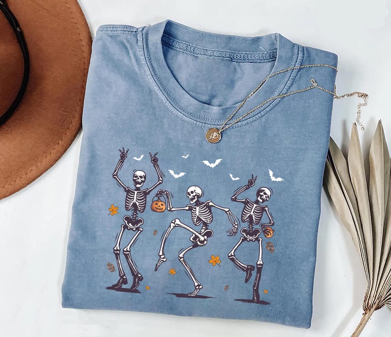 Dancing Skeleton Short Sleeve Shirt, Retro Halloween Pumpkin Short Sleeve Shirt