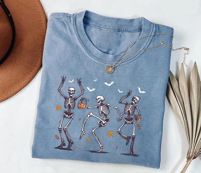 Dancing Skeleton Short Sleeve Shirt, Retro Halloween Pumpkin Short Sleeve Shirt