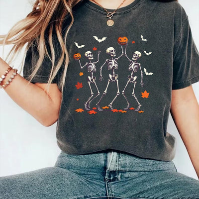 Dancing Skeleton Short Sleeve Shirt, Retro Halloween Pumpkin Short Sleeve Shirt, Spooky Skeleton Dance Tee