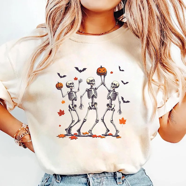 Dancing Skeleton Short Sleeve Shirt, Retro Halloween Pumpkin Short Sleeve Shirt, Spooky Skeleton Dance Tee