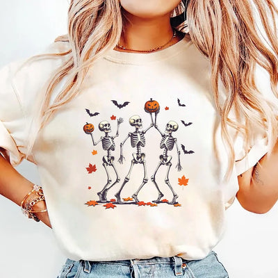 Dancing Skeleton Short Sleeve Shirt, Retro Halloween Pumpkin Short Sleeve Shirt, Spooky Skeleton Dance Tee