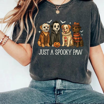 Just a Spooky Paw Short Sleeve Shirt, Halloween Dog Short Sleeve Shirt, Retro Halloween Characters Tee, Dog Mama Short Sleeve Shirt