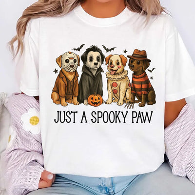 Just a Spooky Paw Short Sleeve Shirt, Halloween Dog Short Sleeve Shirt, Retro Halloween Characters Tee, Dog Mama Short Sleeve Shirt