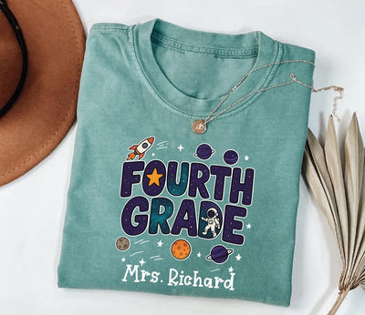 Outer Space Teacher Short Sleeve Shirt, Galaxy 4th Grade Short Sleeve Shirt, Planet 5th Grade Tee, First Day of School Unisex Short Sleeve Shirt