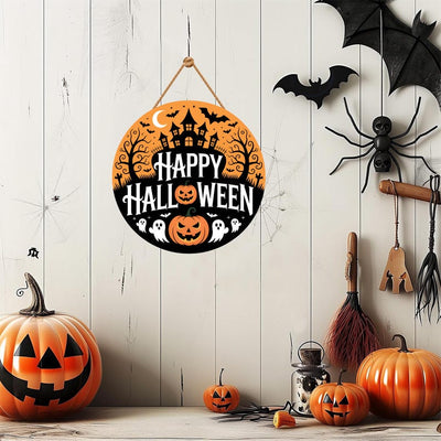 Happy Halloween Door Sign 12", Spooky Pumpkin Porch Decor for Home, Ghost Witch Front Door Sign, Cute Halloween House Decoration