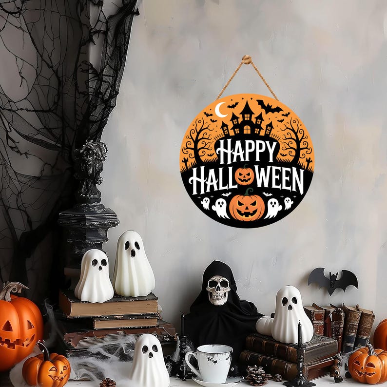 Happy Halloween Door Sign 12", Spooky Pumpkin Porch Decor for Home, Ghost Witch Front Door Sign, Cute Halloween House Decoration