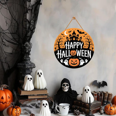 Happy Halloween Door Sign 12", Spooky Pumpkin Porch Decor for Home, Ghost Witch Front Door Sign, Cute Halloween House Decoration