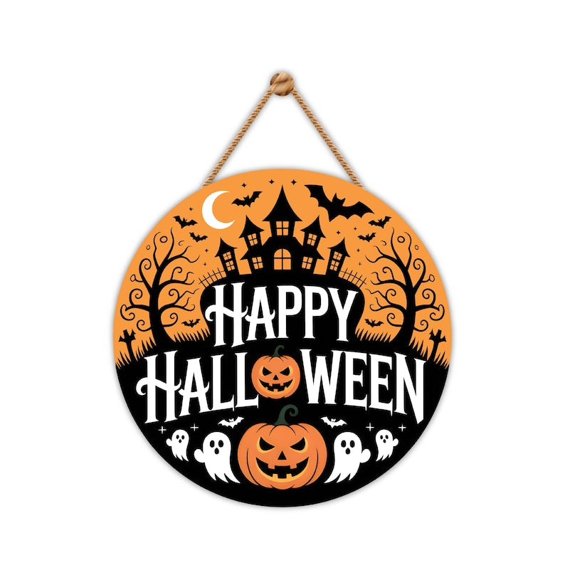 Happy Halloween Door Sign 12", Spooky Pumpkin Porch Decor for Home, Ghost Witch Front Door Sign, Cute Halloween House Decoration