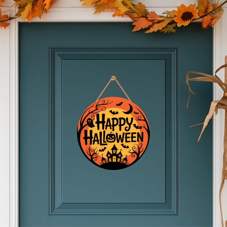 Happy Halloween Door Sign 12", Spooky Pumpkin Porch Decor for Home, Ghost Witch Front Door Sign, Cute Halloween House Decoration