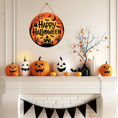 Happy Halloween Door Sign 12", Spooky Pumpkin Porch Decor for Home, Ghost Witch Front Door Sign, Cute Halloween House Decoration