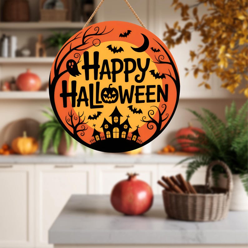Happy Halloween Door Sign 12", Spooky Pumpkin Porch Decor for Home, Ghost Witch Front Door Sign, Cute Halloween House Decoration