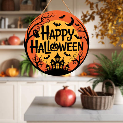 Happy Halloween Door Sign 12", Spooky Pumpkin Porch Decor for Home, Ghost Witch Front Door Sign, Cute Halloween House Decoration