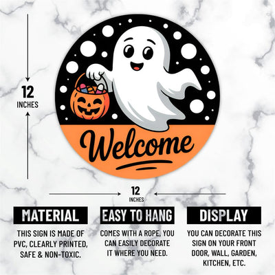 Halloween Welcome Door Sign 12", Cute Ghost Hanging Front Door Decor, Indoor Wall Sign, Spooky Halloween Home Entryway Decoration