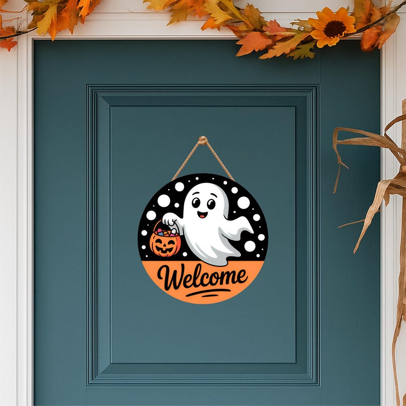 Halloween Welcome Door Sign 12", Cute Ghost Hanging Front Door Decor, Indoor Wall Sign, Spooky Halloween Home Entryway Decoration