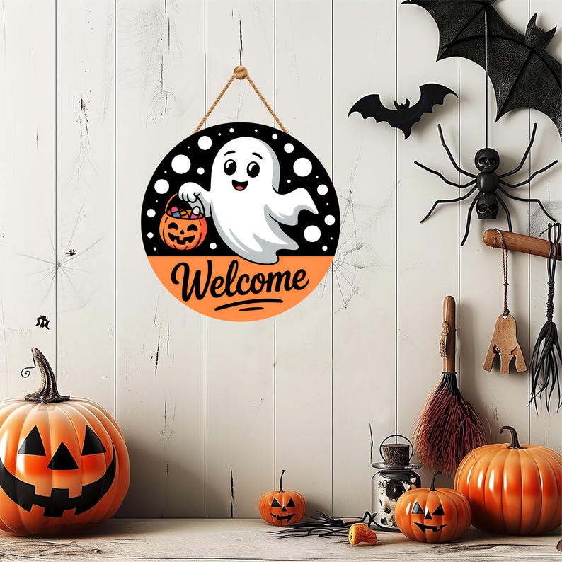 Halloween Welcome Door Sign 12", Cute Ghost Hanging Front Door Decor, Indoor Wall Sign, Spooky Halloween Home Entryway Decoration