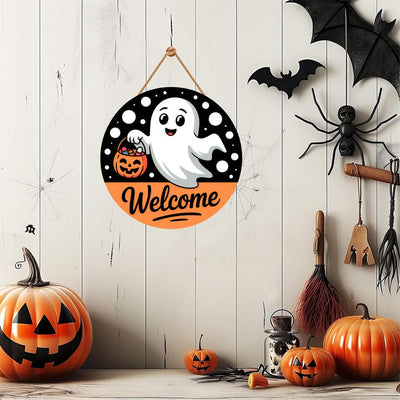 Halloween Welcome Door Sign 12", Cute Ghost Hanging Front Door Decor, Indoor Wall Sign, Spooky Halloween Home Entryway Decoration