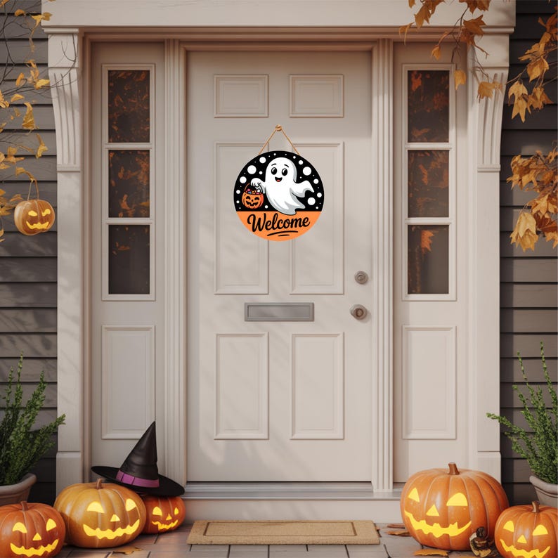 Halloween Welcome Door Sign 12", Cute Ghost Hanging Front Door Decor, Indoor Wall Sign, Spooky Halloween Home Entryway Decoration