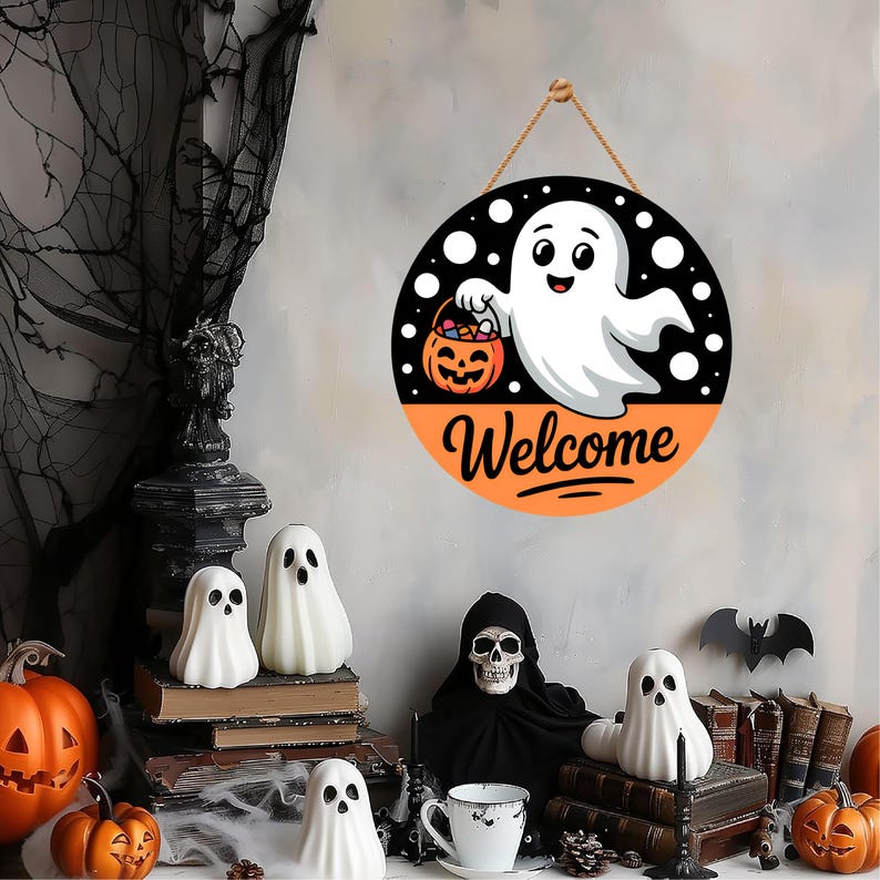 Halloween Welcome Door Sign 12", Cute Ghost Hanging Front Door Decor, Indoor Wall Sign, Spooky Halloween Home Entryway Decoration