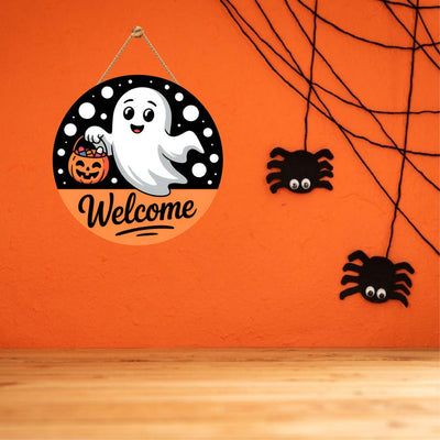 Halloween Welcome Door Sign 12", Cute Ghost Hanging Front Door Decor, Indoor Wall Sign, Spooky Halloween Home Entryway Decoration