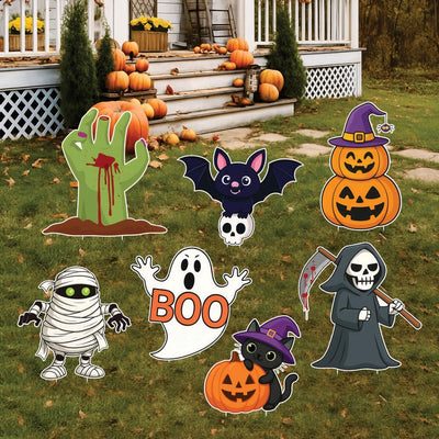 Halloween Yard Sign Set, Pumpkin Ghost Bat Mummy Frankenstein Lawn Decorations, Outdoor Halloween Signs with Stakes for Garden or Patio