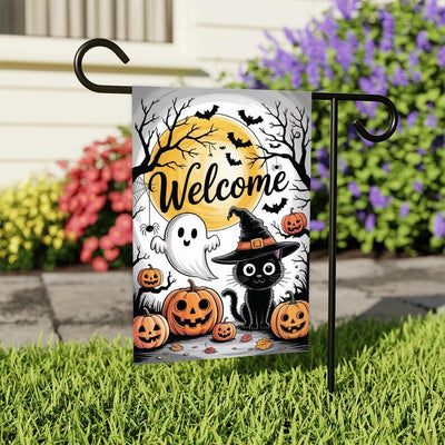 Welcome Halloween Garden Flag, Spooky Black Cat Ghost Pumpkin Yard Flag, Funny Small Fall Outdoor Decor, Holiday Cosplay Party Flag