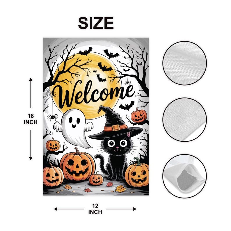 Welcome Halloween Garden Flag, Spooky Black Cat Ghost Pumpkin Yard Flag, Funny Small Fall Outdoor Decor, Holiday Cosplay Party Flag