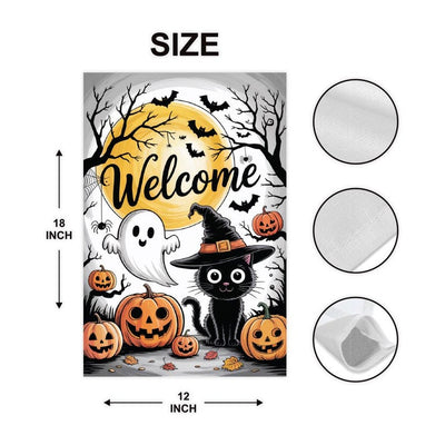 Welcome Halloween Garden Flag, Spooky Black Cat Ghost Pumpkin Yard Flag, Funny Small Fall Outdoor Decor, Holiday Cosplay Party Flag