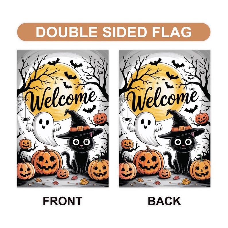 Welcome Halloween Garden Flag, Spooky Black Cat Ghost Pumpkin Yard Flag, Funny Small Fall Outdoor Decor, Holiday Cosplay Party Flag