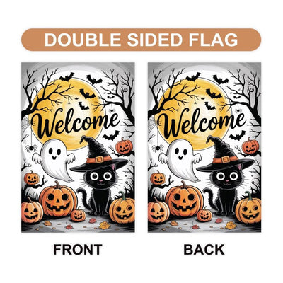 Welcome Halloween Garden Flag, Spooky Black Cat Ghost Pumpkin Yard Flag, Funny Small Fall Outdoor Decor, Holiday Cosplay Party Flag