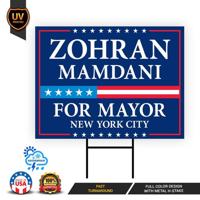 Zohran Mamdani For New York City Mayor 2025 Election Yard Sign, Corrugated Plastic Election Race Red White & Blue Sign with Metal H-Stake