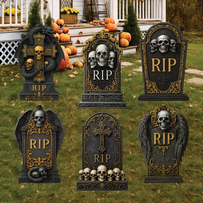 RIP Tombstone Halloween Yard Signs with Fiberglass Stakes, Outdoor Grave Marker Decorations for Spooky Cemetery Lawn or Haunted House Décor