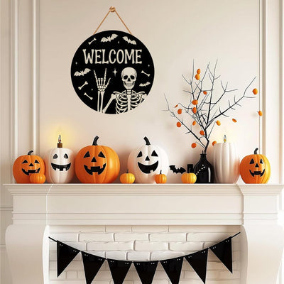 Halloween Skull Welcome Door Sign 12", Skeleton Front Porch Sign, Spooky Indoor Outdoor Decor, Farmhouse Halloween Wall or Window Sign
