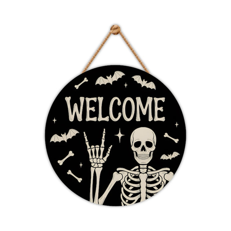 Halloween Skull Welcome Door Sign 12", Skeleton Front Porch Sign, Spooky Indoor Outdoor Decor, Farmhouse Halloween Wall or Window Sign