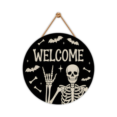 Halloween Skull Welcome Door Sign 12", Skeleton Front Porch Sign, Spooky Indoor Outdoor Decor, Farmhouse Halloween Wall or Window Sign